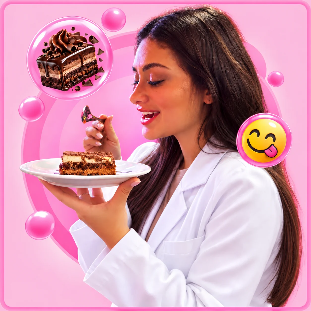 Milena de jaleco segurando uma sobremesa de chocolate em composição rosa
