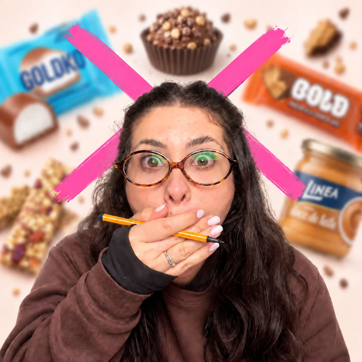 Milena surpresa cercada por doces fit desfocados com um X rosa ao fundo