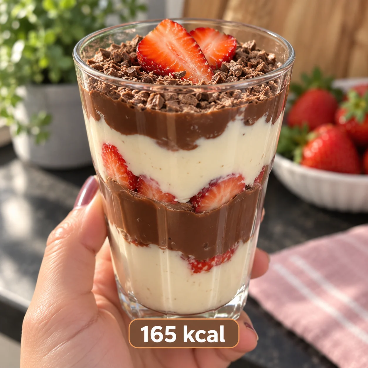 Taça de morango, chocolate e creme com 165 kcal